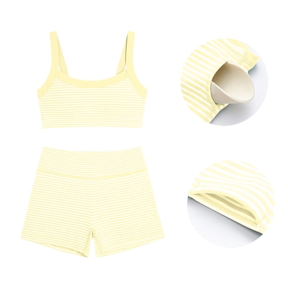 GILIGEGE Womens Striped Workout Set Two Piece Yoga Sets Activewear,Stretchy Soft Activewear Sets,2 Piece Summer Matching Set,Sport Bra and High Waisted Biker Shorts with Pocket for Gym Yellow S