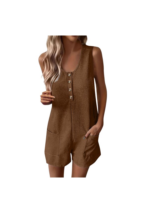 Womens Summer Casual Romper Sleeveless Waffle Knit Jumpsuits for Woman Short Rompers with Pockets Summer Buttoned Pocket Vest Jumpsuit Solid Color Button Collar Loose Jumpsuit Belt Pocket