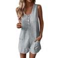thumbnail image 1 of GILIGEGE Womens Summer Casual Romper Sleeveless Waffle Knit Jumpsuits for Woman Short Rompers with Pockets Summer Buttoned Pocket Vest Jumpsuit Solid Color Button Collar Loose Jumpsuit Belt Pocket, 1 of 5