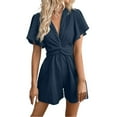 thumbnail image 1 of GILIGEGE Womens Summer Short Sleeve Romper Casual Loose Decorative V Neck Dressy Shorts Jumper Jumpsuit 2025 Summer Rompers for V Neck Jumpsuits High Waist with Belt Knot Beach Vacation Outfits, 1 of 7