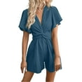 thumbnail image 1 of GILIGEGE Womens Summer Short Sleeve Romper Casual Loose Decorative V Neck Dressy Shorts Jumper Jumpsuit 2025 Summer Rompers for V Neck Jumpsuits High Waist with Belt Knot Beach Vacation Outfits, 1 of 7