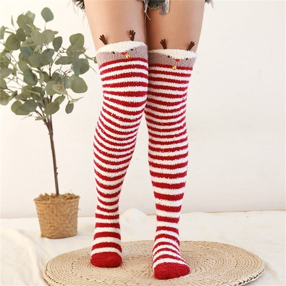 GILIGEGE Womens Thigh High Fuzzy Socks Cute Over the Knee Striped Stockings Winter Warm Leg Warmers Cartoon Style Plush Soft Loungewear Indoor Hosiery Cold Weather Autumn Casual Lovely Socks Red