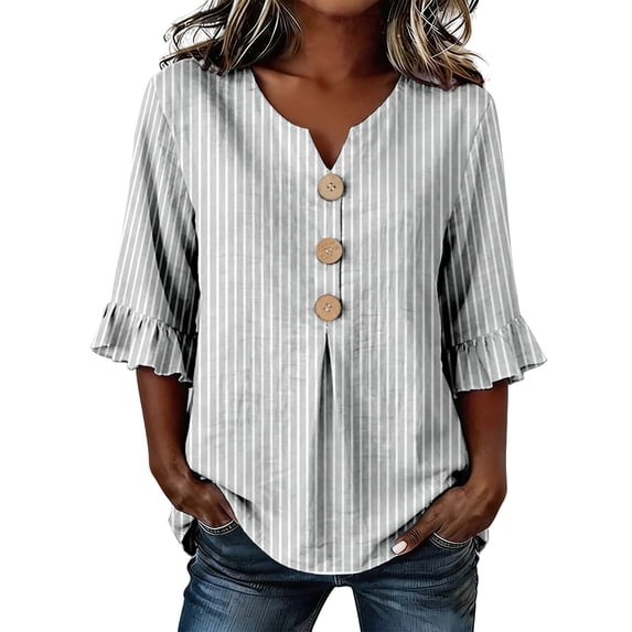 GILIGEGE Womens Tops Dressy Casual 3/4 Ruffle Sleeve Henley Shirts for Women Decorative Button Front Loose Fit Casual Work Tops Summer Vacation Outfits Fashion Boho Stripe Shirts Print Tops Grey