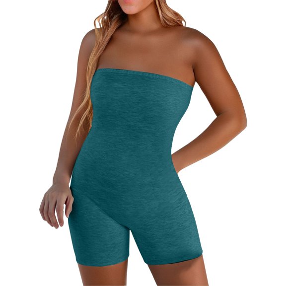 GILIGEGE Womens Tube Rompers Summer Strapless Basic Sleeveless Ruched Stretch Classic-Fit Rompers Slim Fit Shapewear Strapless Bodycon Tube Romper Bodysuit Strapless Tube Bodycon Shorts Jumpsuit