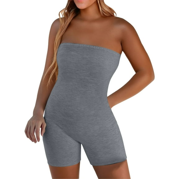 GILIGEGE Womens Tube Rompers Summer Strapless Basic Sleeveless Ruched Stretch Classic-Fit Rompers Slim Fit Shapewear Strapless Bodycon Tube Romper Bodysuit Strapless Tube Bodycon Shorts Jumpsuit