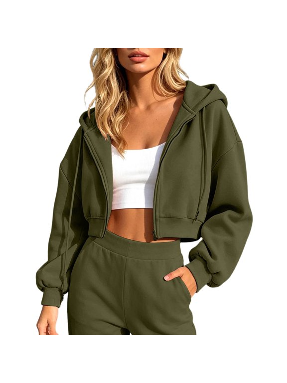 Womens Zip Up Hoodies Dressy Long Sleeve Plain Track Cropped Jacket Lightweight Comfy Workout Athletic Slouchy Drop Shoulder Travel Drawstring Hooded 2026 Y2k Casual Sweatshirt Green S