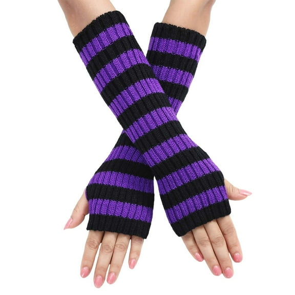 GILIGEGE Y2K Striped Arm Warmers Long Fingerless Knitted Gloves Punk Gothic Scene Cool Winter Arm Sleeves Women's Winter Warm and Fashionable Color Blocked Pinstripe Knitted Fingerless Gloves