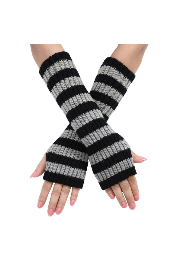 Y2K Striped Arm Warmers Long Fingerless Knitted Gloves Punk Gothic Scene Cool Winter Arm Sleeves Women's Winter Warm and Fashionable Color Blocked Pinstripe Knitted Fingerless Gloves