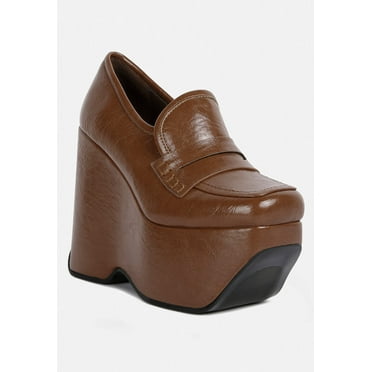GILLIAM Tan High Platform Wedge Loafers