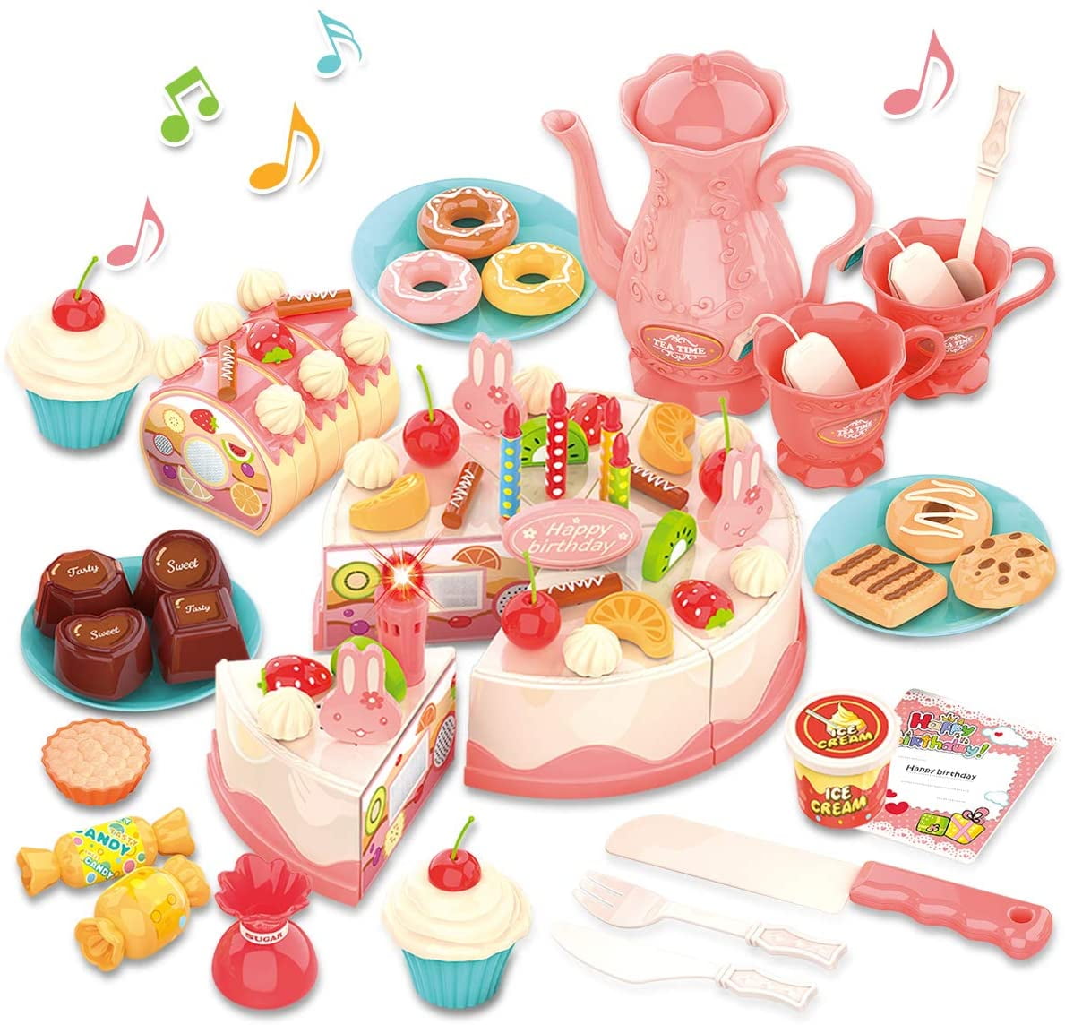 GILOBABY 82 PCS DIY Birthday Cake Toy with Tea Set, Kids Pretend Play Kitchen Toys for Boys