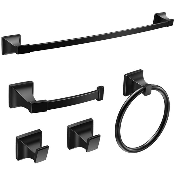 GIMBELEN Bathroom Hardware Set Matte Black Wall Mounted Bathroom Towel Bar Set Hardware Accessories Set 5 Pieces Includes 18 Inch Towel Bar, Towel Ring, 2 Robe Towel Hooks, Toilet Paper Holder C98