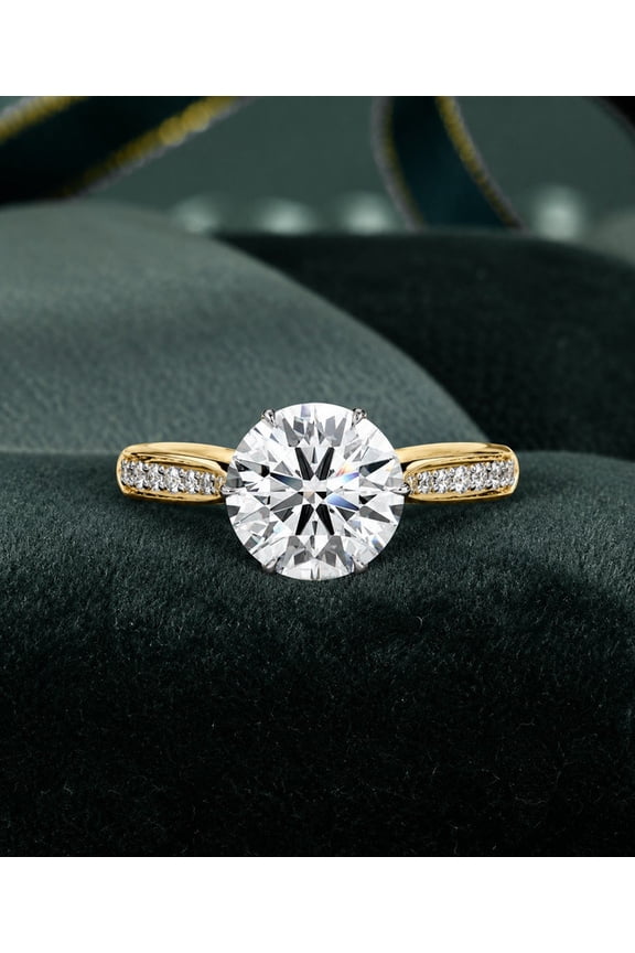 0.98 CT Round Cut Lab Grown Diamond Pave Engagement Ring in Yellow Gold, Six-Prong Setting