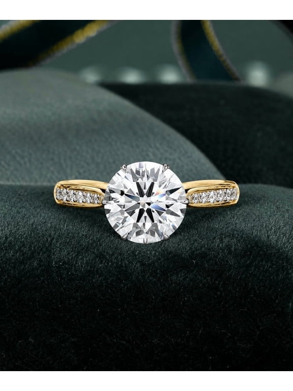 0.98 CT Round Cut Lab Grown Diamond Pave Engagement Ring in Yellow Gold, Six-Prong Setting