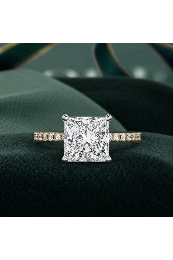 2.28 CT Princess Cut Lab Grown Diamond Hidden Halo Ring with Pave Band In Yellow Gold