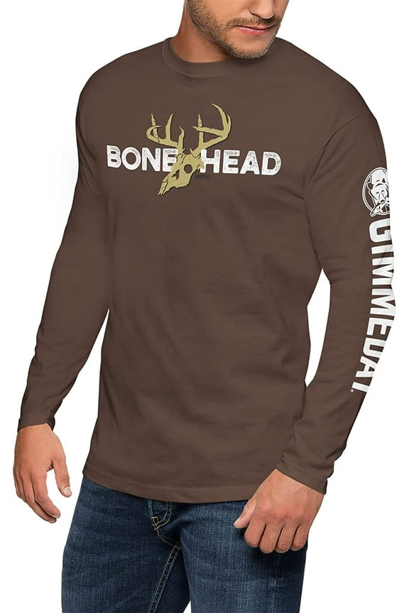 Deer Hunting Mens Long Sleeve Shirt Bone Head Graphic T-Shirt Dad Gift (XXX-Large) Chocolate Brown