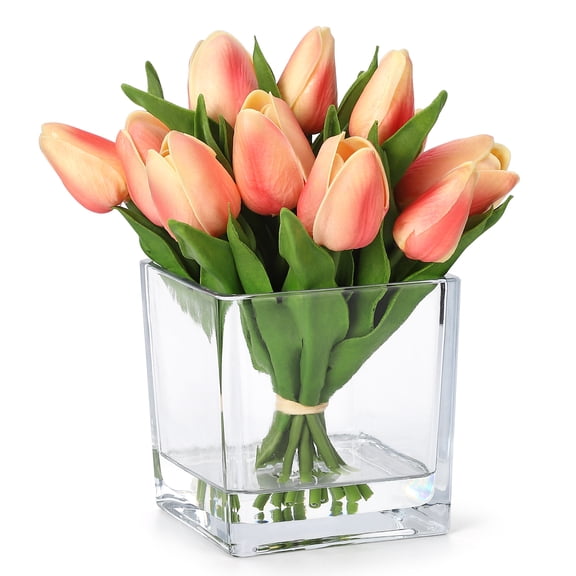 GIMMYFIVE 12 Pcs Real Touch Artificial Tulip Flowers with Glass Vase, Faux Silk Stems, for Spring Summer
