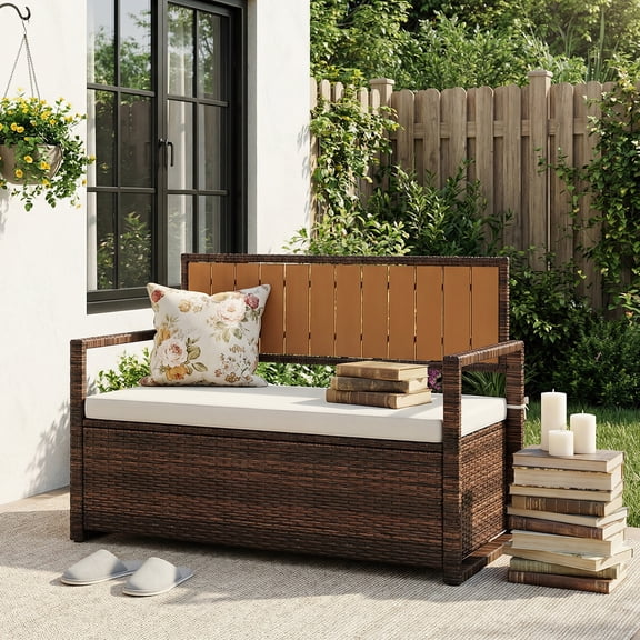 GIMMYFIVE 2 Person PE Rattan Storage Bench, Waterproof, 800 lb Capacity, with Cushion and Backrest