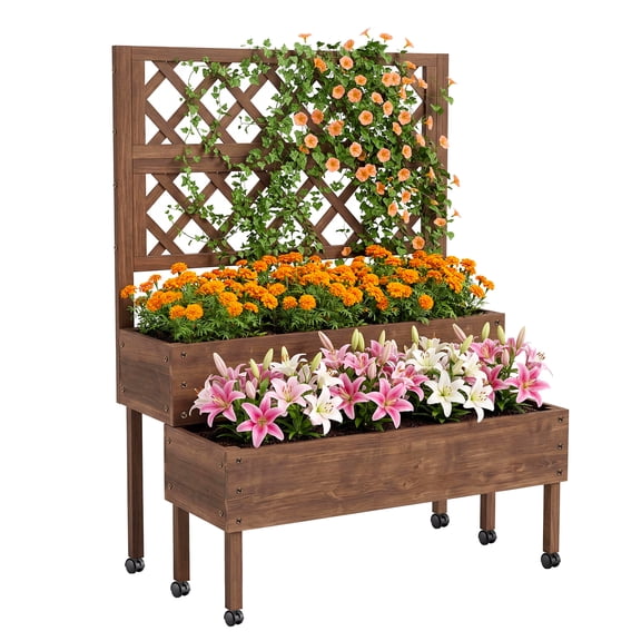 GIMMYFIVE 2-Tier Raised Wooden Planter Box with Trellis and Wheels, Mobile Vertical Garden Bed with Drainage Holes