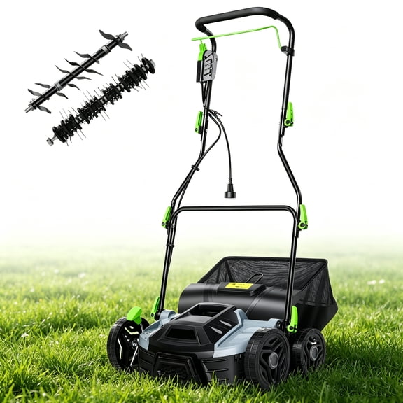 GIMMYFIVE 2-in-1 Electric Lawn Dethatcher & Scarifier, 14" 15.5 Amp Corded Dethatcher with 14.5 Gal Collection Bag, Carbon Steel Blades for Grass Garden Yard