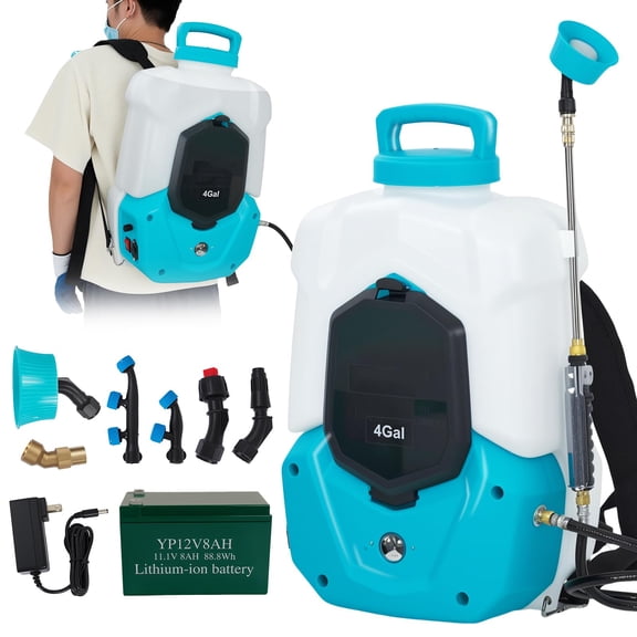 GIMMYFIVE 4 Gallon Battery Powered Backpack Sprayer, 12V 8Ah Rechargeable Electric Sprayer with 6 Nozzles, 0-90 PSI Adjustable, 6H Runtime for Lawn