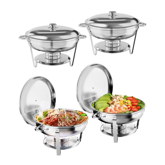GIMMYFIVE 5QT Stainless Steel Round Chafing Dish Set, 4-Pack Stackable Buffet Food Warmer with Fram Fuel Holders, Dishwasher Safe for Banquets, Parties, Weddings