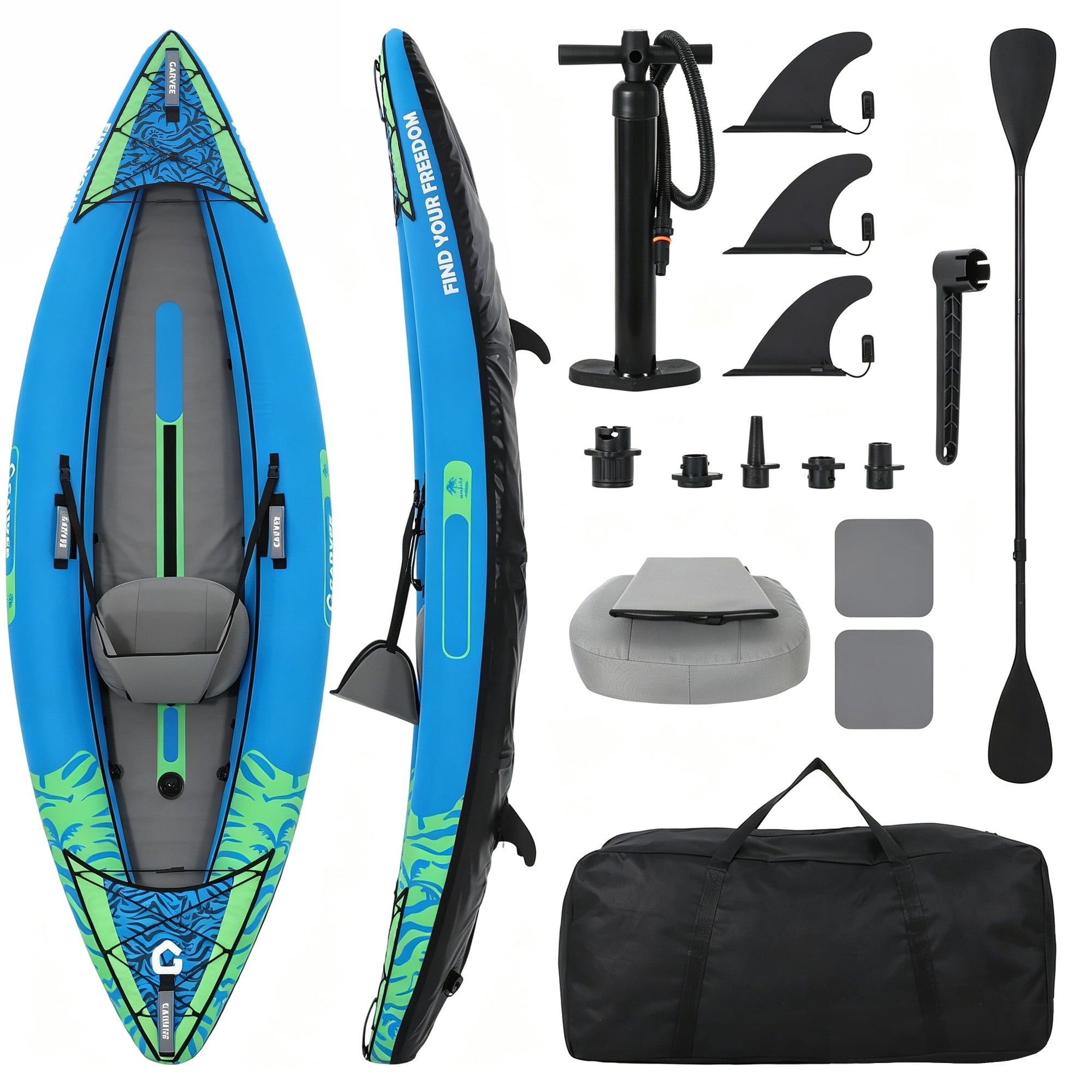GIMMYFIVE 9.8ft Inflatable Kayak for One Person, 400lbs Stable Solo Fishing Kayak with Padded Seat, Pump, 3 Fins, Repair Kit & Carry Bag