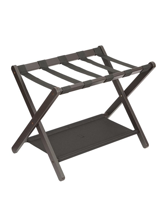 Bamboo Luggage Rack, Folding 2-Tier Suitcase Stand with Storage Shelf & Nylon Straps for Guest Room