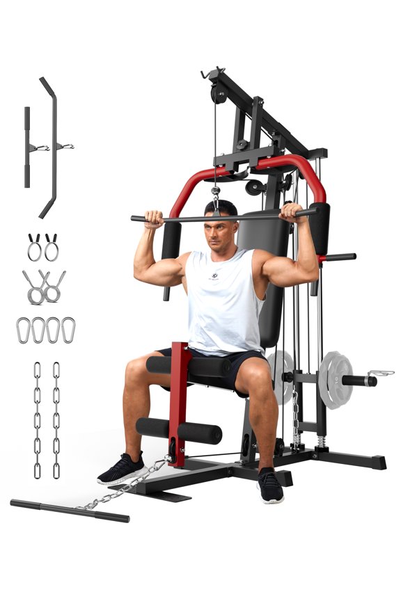 Full Body Strength Training Home Gym Station, with Pulley System, Lat Pulldown, Chest Press, Leg Extension, Up to 400LBS, Fits 1"/2" Weight Plates