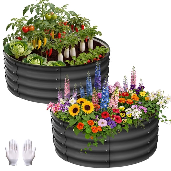 GIMMYFIVE Galvanized Steel Raised Garden Bed, Oval Bottomless Deep Root Metal Planter Box, 2 Pack