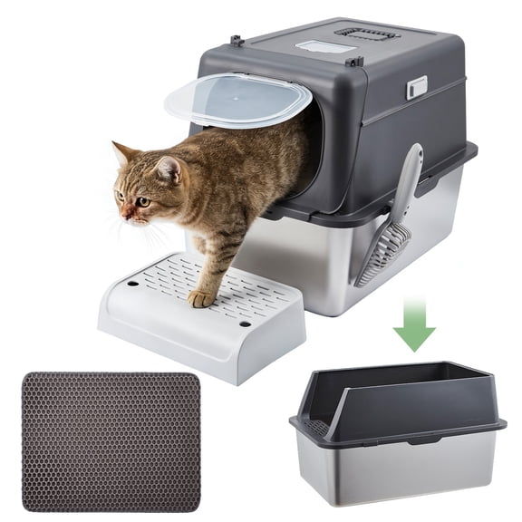 GIMMYFIVE Large Stainless Steel Enclosed Cat Litter Box with Lid, 7.87"Deep, Top and Front Entry, Odor Control, Easy Clean, with Scoop, Mat