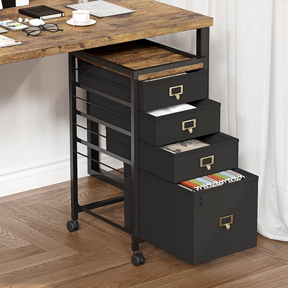 GIMMYFIVE Mobile Vertical File Cabinet with Wheels, 4-Drawer Fabric Under Desk Office Storage, Black