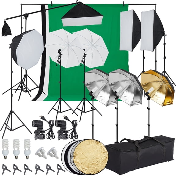 GIMMYFIVE Photography Lighting Kit, 8.5x10ft Backdrop Stand, LED Softbox & Umbrella, Continuous Studio Lighting for Portrait, Video & Green Screen