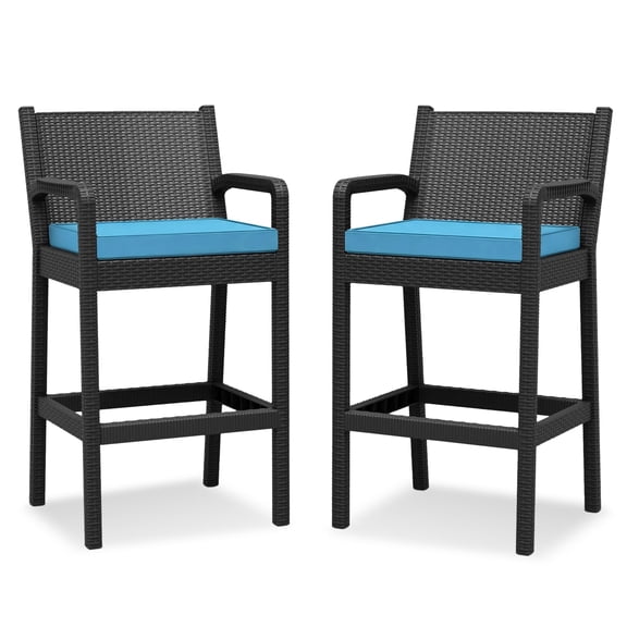 GIMMYFIVE Set of 2 Wicker Outdoor Bar Stools, Bar Height, with Armrests and Cushions
