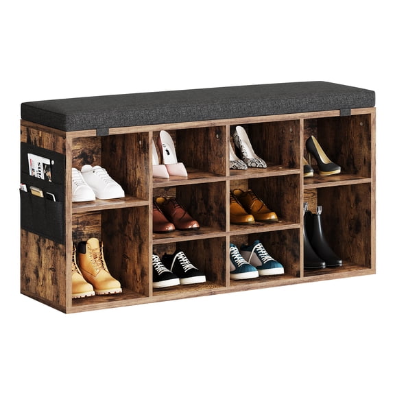 GIMMYFIVE Shoe Storage Bench with Cushioned Seat, 10-Cubbie 3-Tier Adjustable Shoe Rack for Entryway