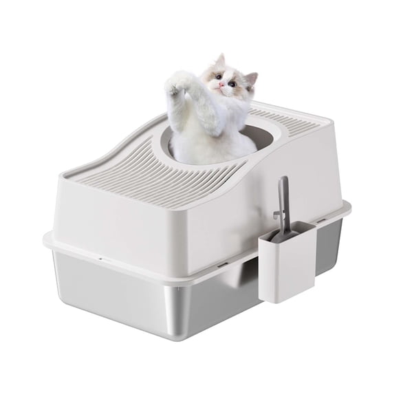 GIMMYFIVE Stainless Steel XL Cat Litter Box, Covered Top-Entry High-Sided Litter Pan with Odor-Control Lid & Scoop