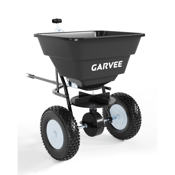 GIMMYFIVE Tow Behind Broadcast Spreader, 130 lb Capacity, 10" Pneumatic Tires,Adjustable Seed Stream
