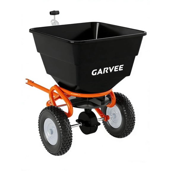 GIMMYFIVE Tow Behind Broadcast Spreader, 130 lb Capacity, 10" Pneumatic Tires,Adjustable Seed Stream