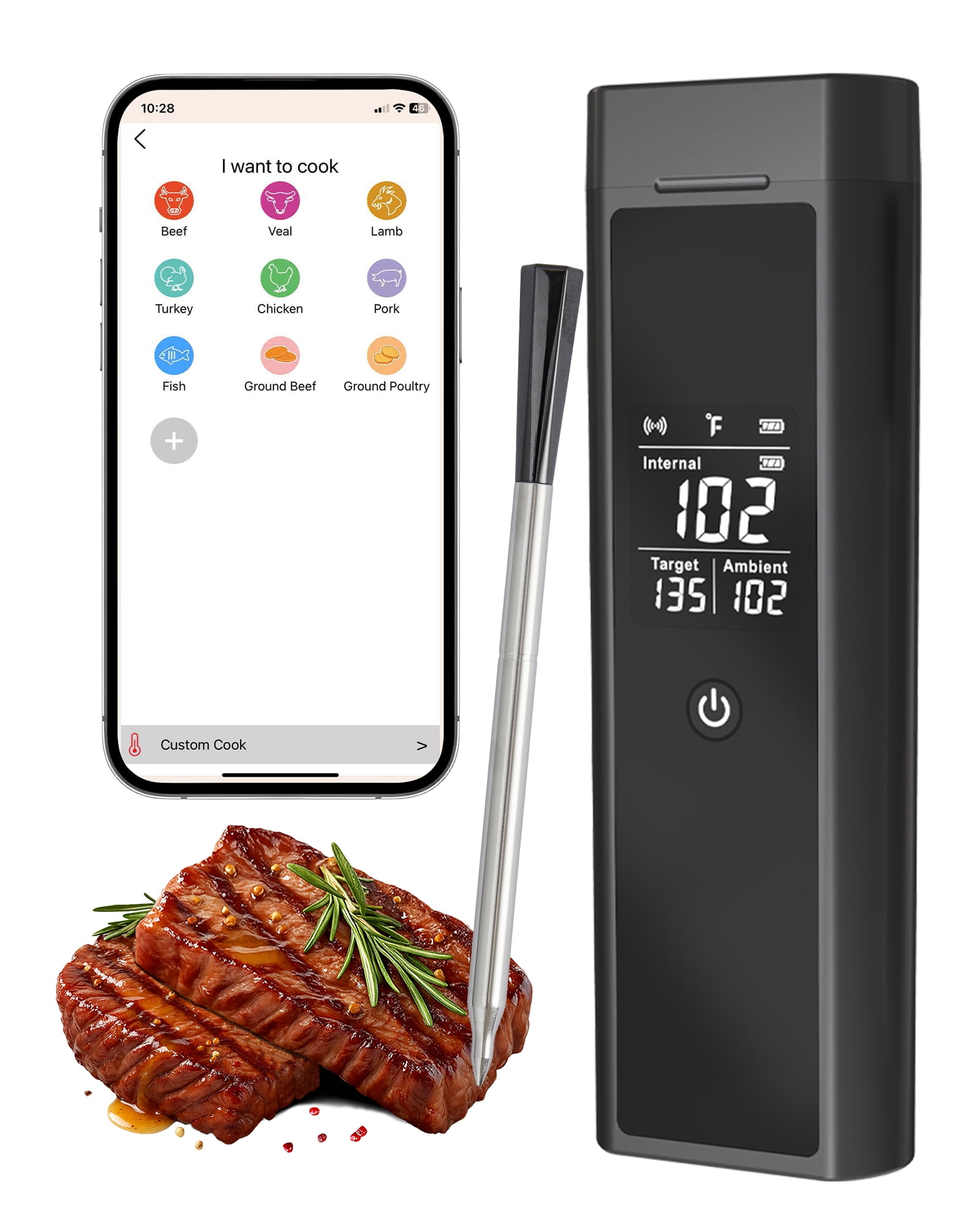 GIMMYFIVE Wireless Meat Thermometer with Probe, 820ft Range, Waterproof, App Controlled, 48H Battery for Grilling BBQ
