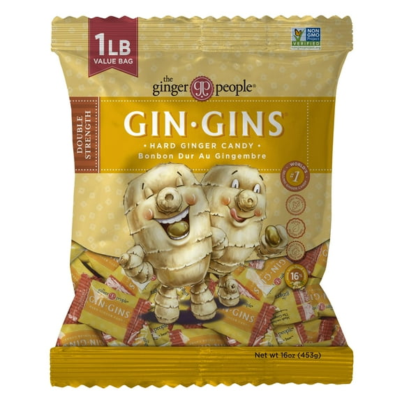 GIN GINS Double Strength Ginger MDA05Hard Candy - Natural Ginger Candy by The Ginger People - Individually Wrapped Healthy Candy - Double Strength Flavor - Large 1 lb Bag (16oz) - Pack of 1