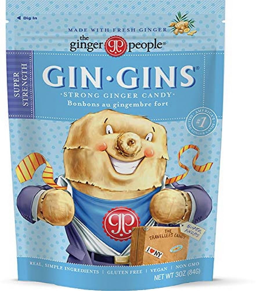 GIN GINS Super Strength Ginger Candy by The Ginger People â€“ AntiNausea and Digestion Aid