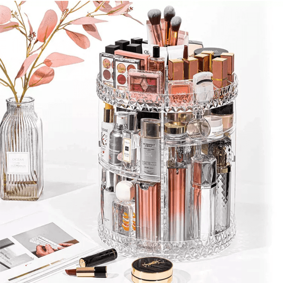 GINA JOYFURNO 360 Rotating Makeup Organizer, Adjustable Large Capacity Detachable Spinning Cosmetics Organizer, w/4 Holder Storage Rack, Fits Jewelry,Makeup Brushes, Lipsticks and More, Acrylic Clear