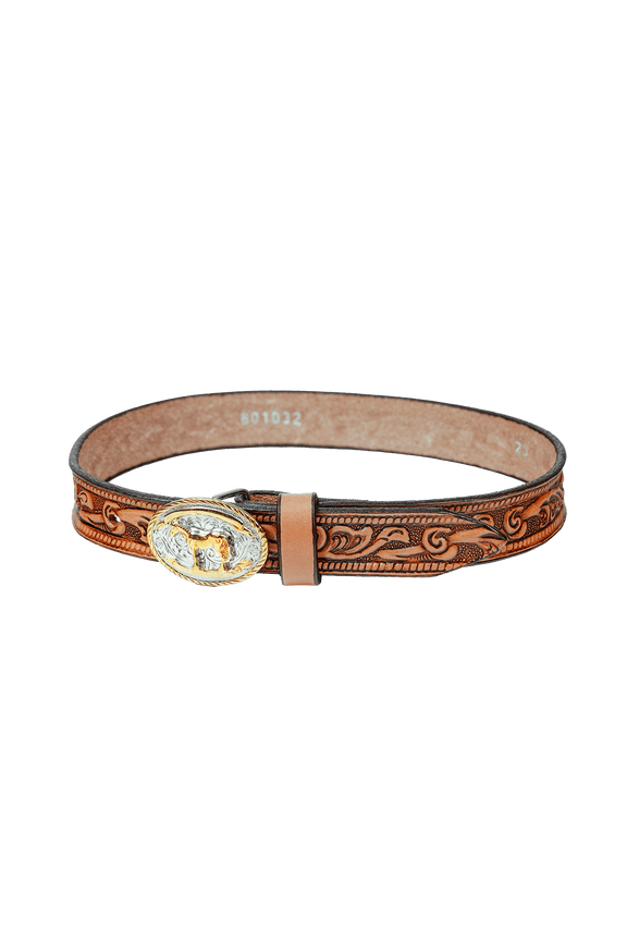 Babys First Belt & Buckle Gift Set  Light Brown Embossed Leather 20 Belt with 2-Tone Horse Trophy Buckle  Handcrafted in USA Keepsake for Baby Cowboy or Cowgirl