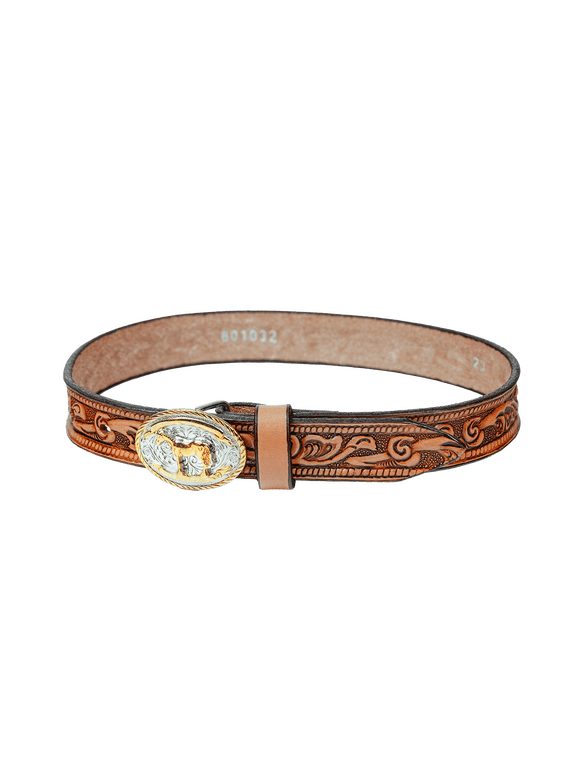 Babys First Belt & Buckle Gift Set Light Brown Embossed Leather 20 Belt with 2-Tone Horse Trophy Buckle Handcrafted in USA Keepsake for Baby Cowboy