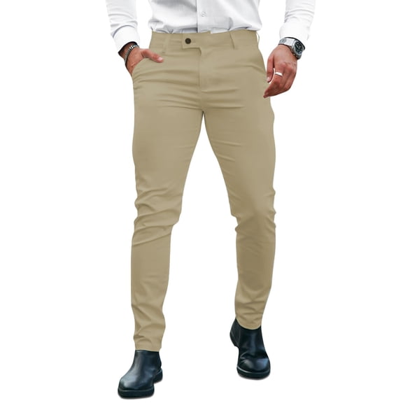 GINGTTO Flat Front Pants for Men Slim Fit Slim Fit Casual Pants Mens Khakis(30W30L,Light Khaki with Extended Belt)