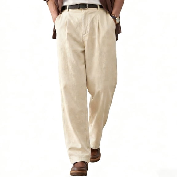 GINGTTO Men's Beige Linen-Blend Pleated Pants - Relaxed-Fit Trousers for Office & Casual Wear