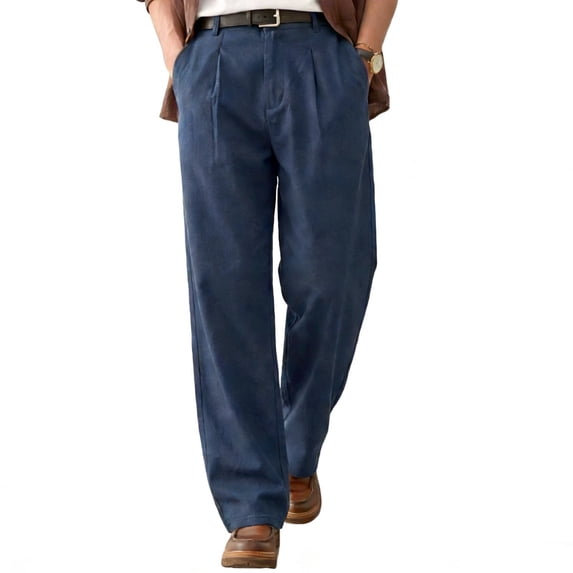 GINGTTO Men's Navy Blue Linen-Blend Pleated Pants - Relaxed-Fit Trousers for Office & Casual Wear