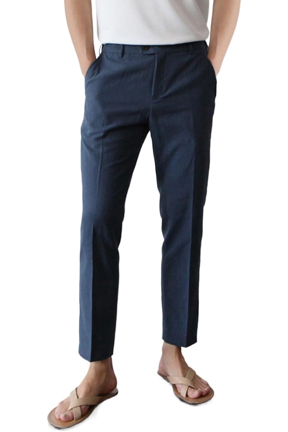 Linen Pants Men Slim Fit Elastic Waistband Lightweight Summer Beach Fashion Casual Pant