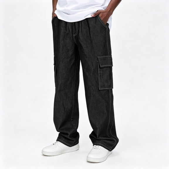 GINGTTO Men Denim Cargo Pants Wide Leg Casual Jeans