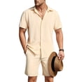 thumbnail image 1 of GINGTTO Men's Beige 2-piece Summer Outfit: Casual Short Sleeve Button Down Shirt & Shorts Set, 1 of 7