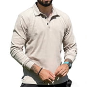 GINGTTO Mens Ribbed Knit Long Sleeve Polo Shirt - Slim Fit Casual Collared Pullover Top.